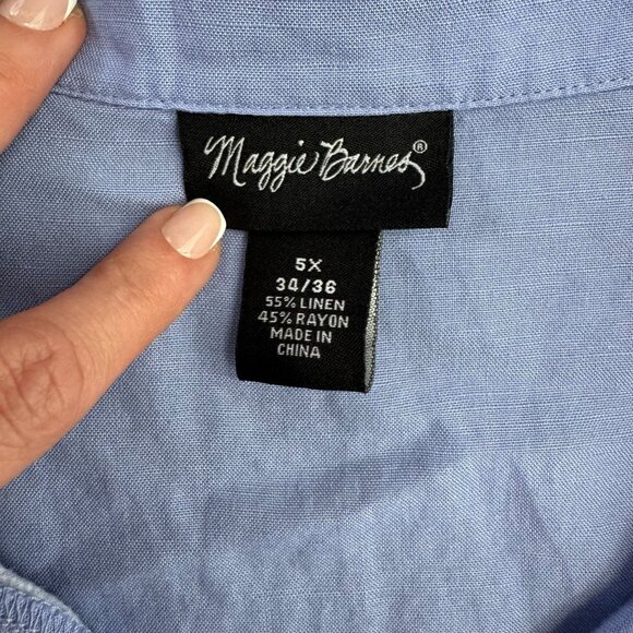 Maggie Barnes 5X Shirt Womens Blue Linen Rayon Button Up Short Sleeve Pockets - Picture 5 of 6